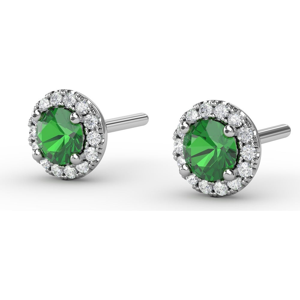 Halo Stud Earrings with Round Emerald and Pavé Diamonds by Fana - 0.47 Carat Total Gemstone Weight