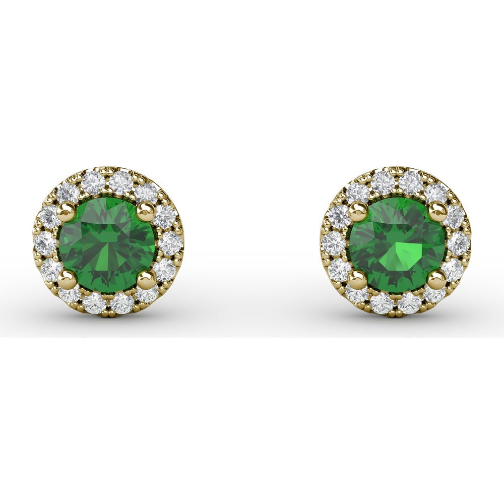 Halo Stud Earrings with Round Emerald and Pavé Diamonds by Fana - 0.47 Carat Total Gemstone Weight