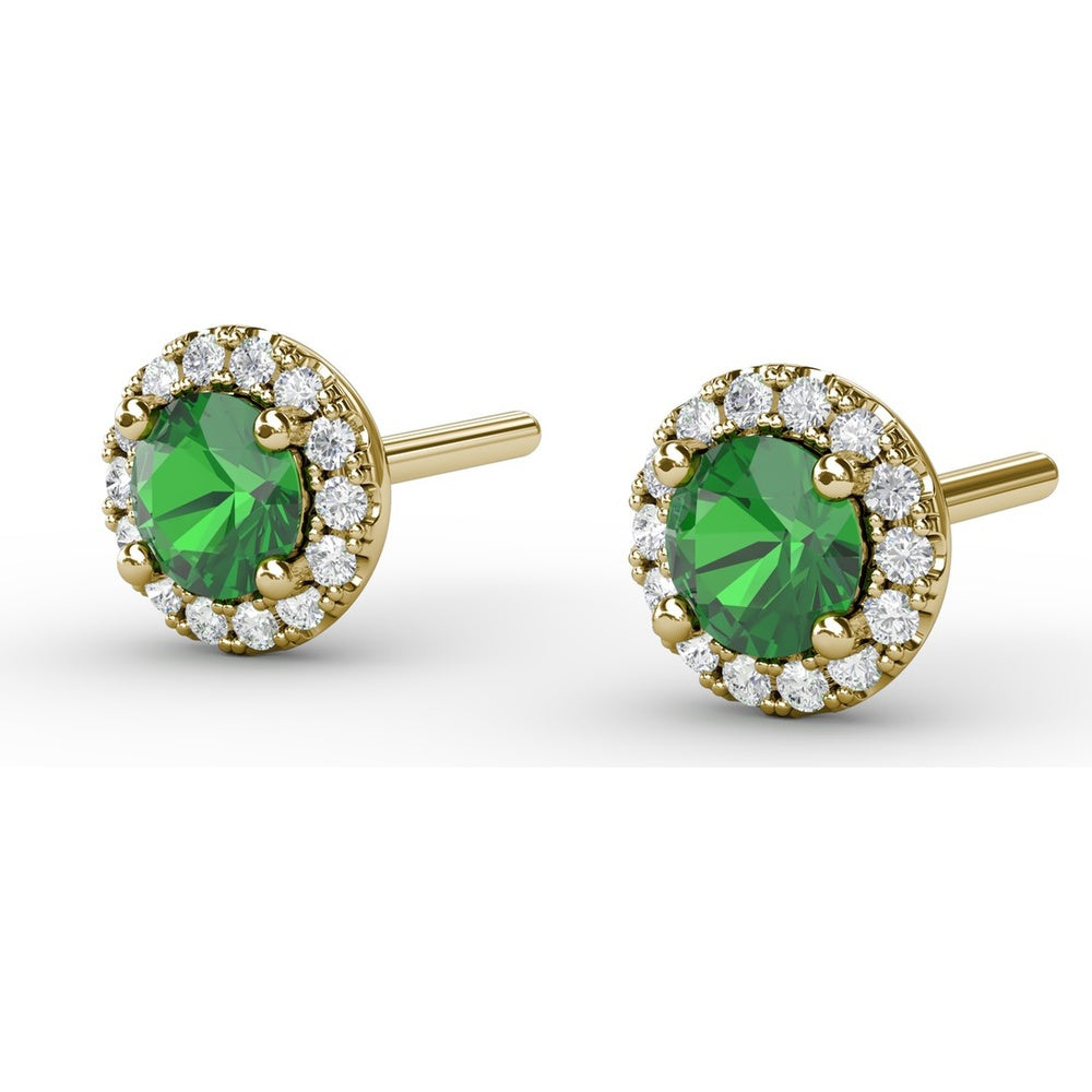 Halo Stud Earrings with Round Emerald and Pavé Diamonds by Fana - 0.47 Carat Total Gemstone Weight