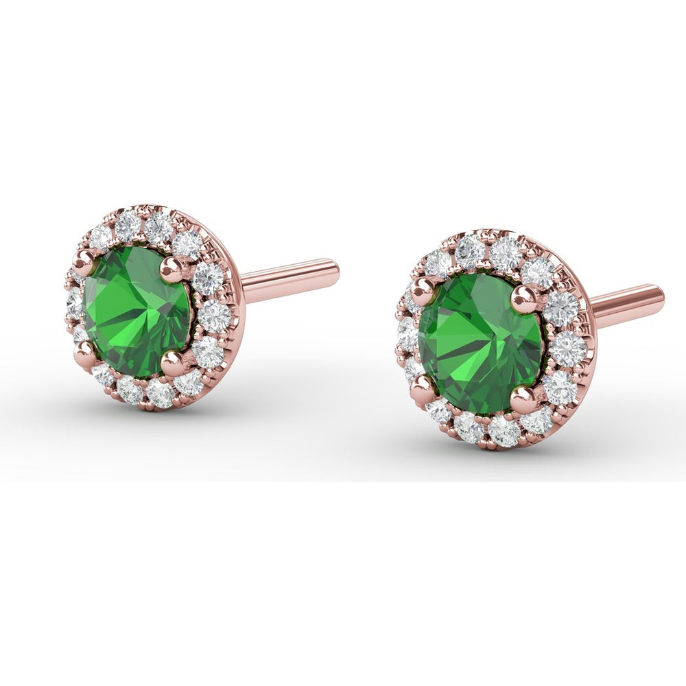 Halo Stud Earrings with Round Emerald and Pavé Diamonds by Fana - 0.47 Carat Total Gemstone Weight