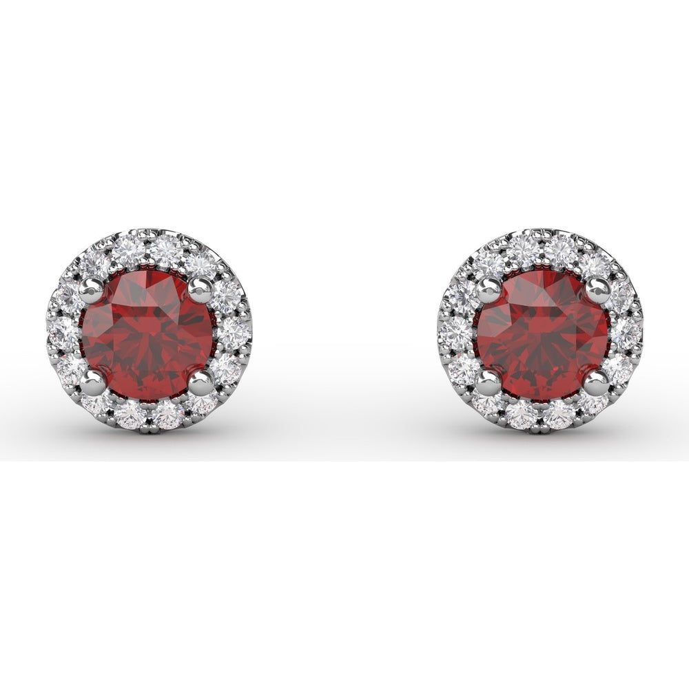 Halo Stud Earrings with Round Rubies and Pavé Diamonds by Fana - 0.61 Carat Total Gemstone Weight