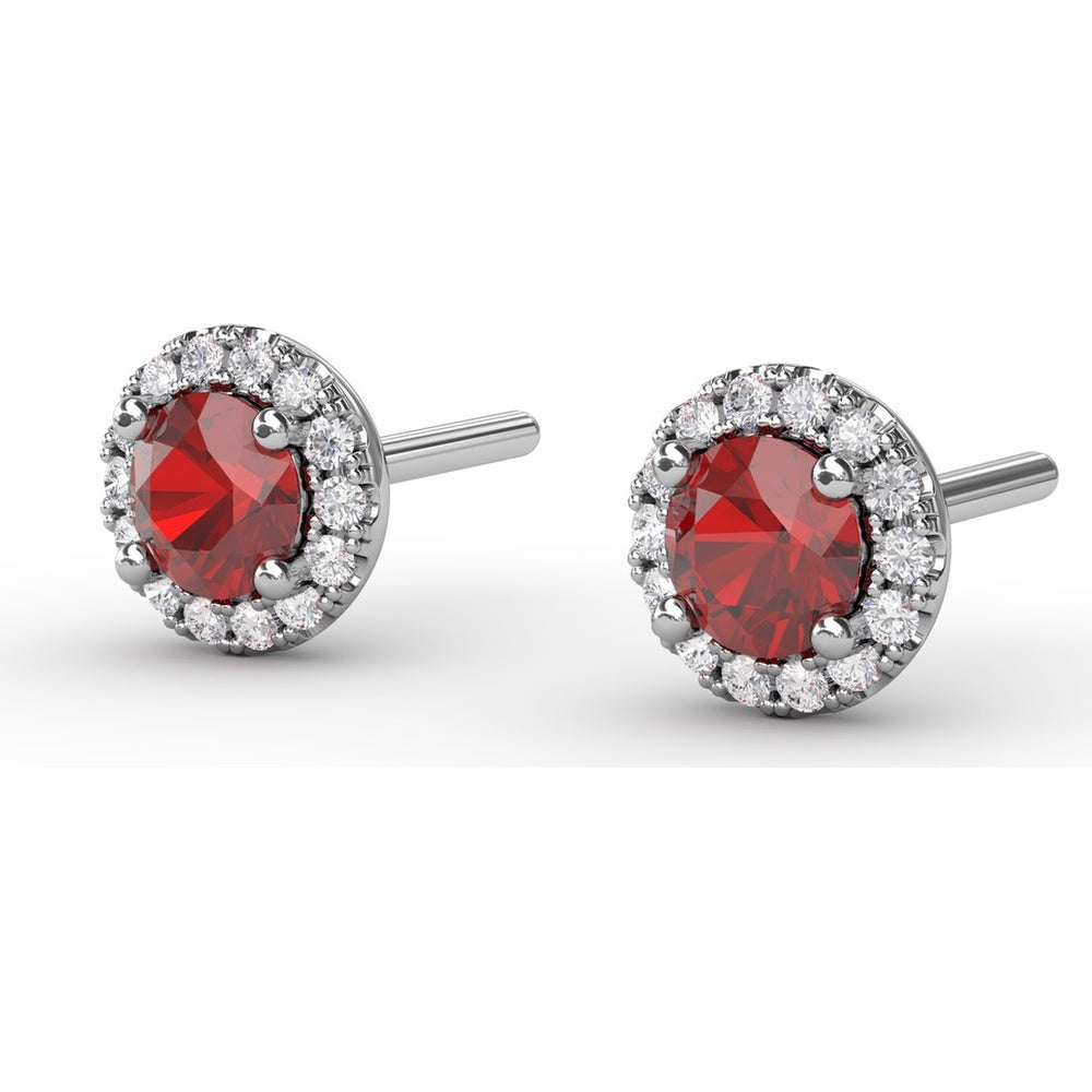 Halo Stud Earrings with Round Rubies and Pavé Diamonds by Fana - 0.61 Carat Total Gemstone Weight