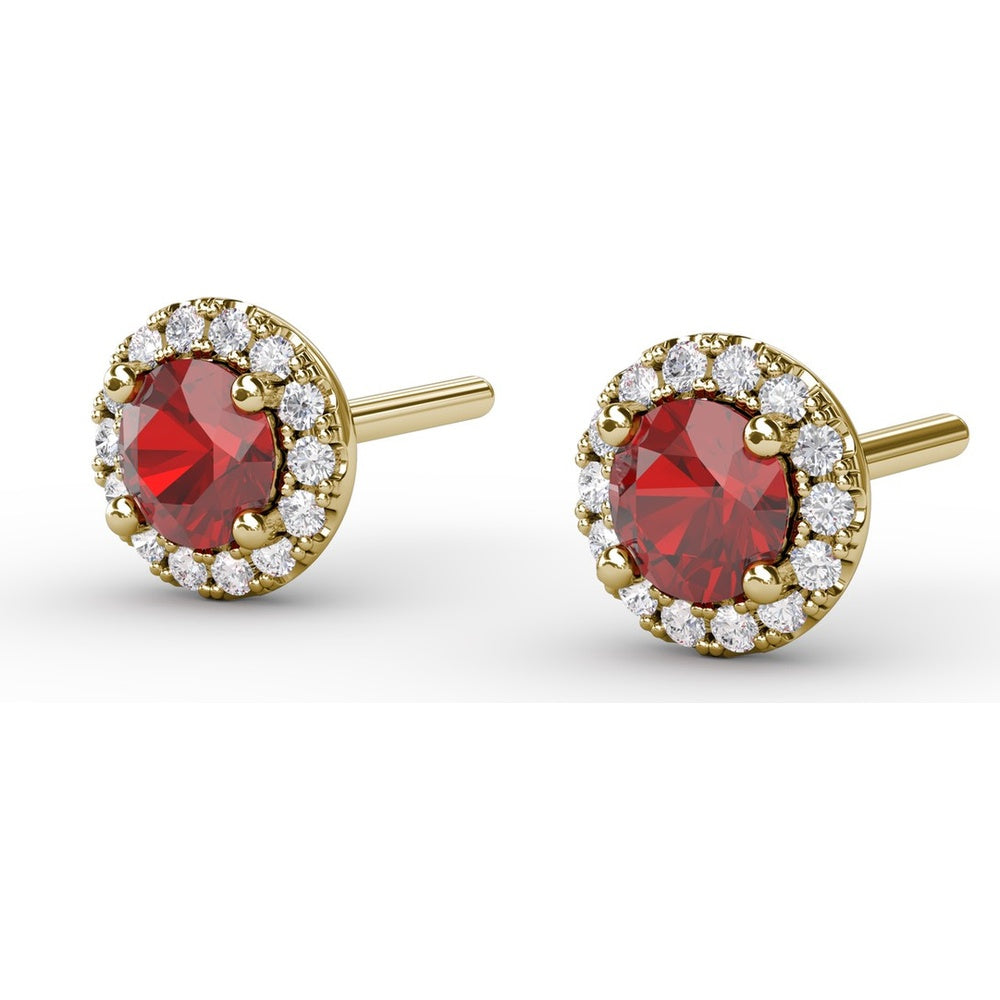 Halo Stud Earrings with Round Rubies and Pavé Diamonds by Fana - 0.61 Carat Total Gemstone Weight