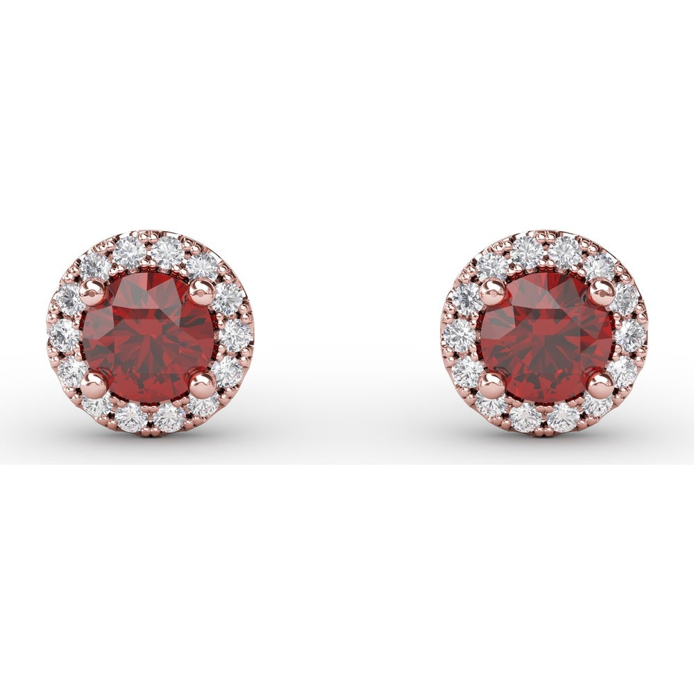 Halo Stud Earrings with Round Rubies and Pavé Diamonds by Fana - 0.61 Carat Total Gemstone Weight