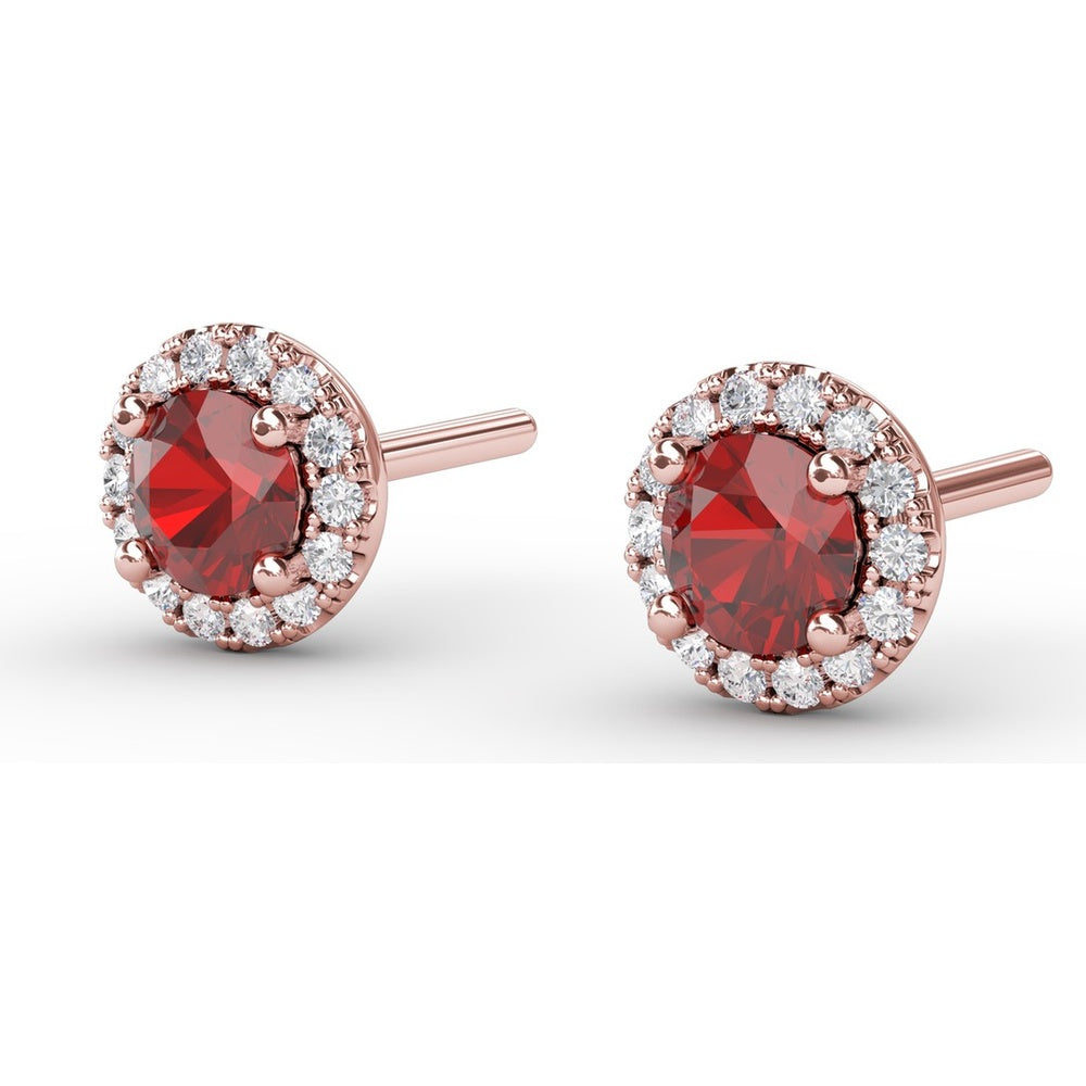 Halo Stud Earrings with Round Rubies and Pavé Diamonds by Fana - 0.61 Carat Total Gemstone Weight