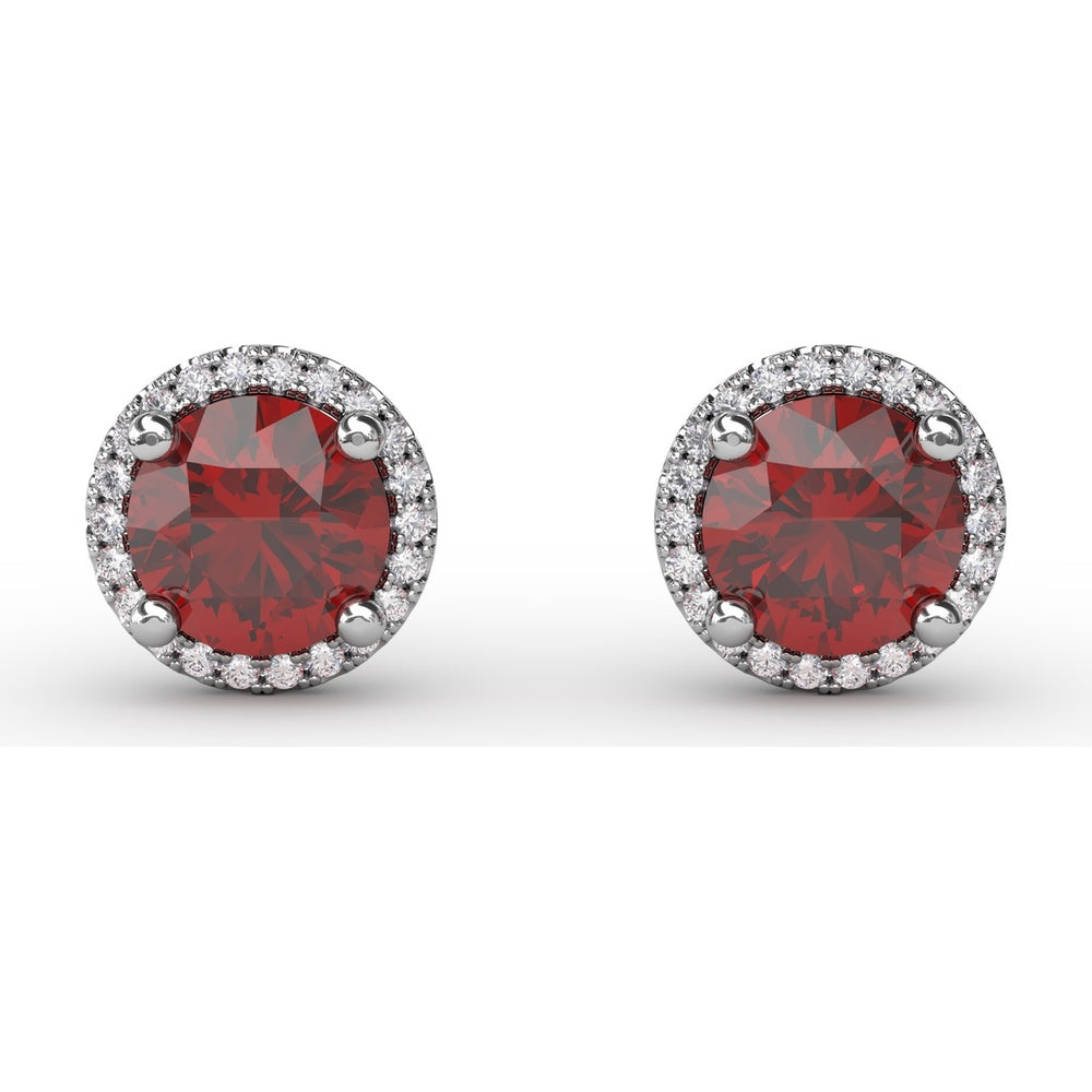 Halo Stud Earrings with Round Rubies and Pavé Diamonds by Fana - 2.53 Carat Total Gemstone Weight