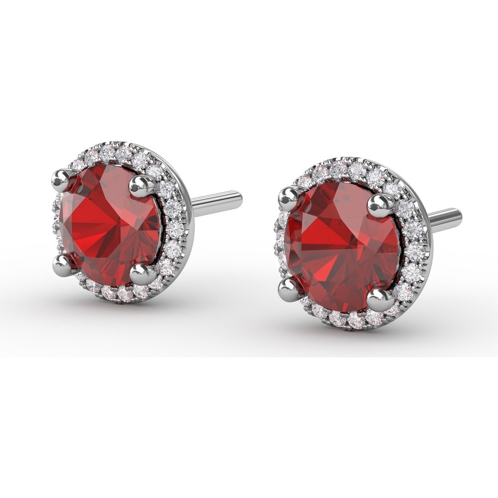 Halo Stud Earrings with Round Rubies and Pavé Diamonds by Fana - 2.53 Carat Total Gemstone Weight