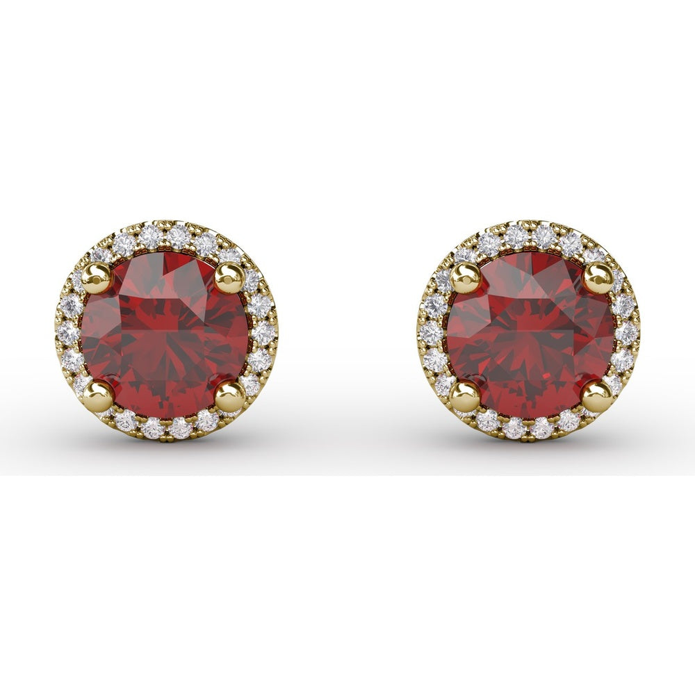 Halo Stud Earrings with Round Rubies and Pavé Diamonds by Fana - 2.53 Carat Total Gemstone Weight