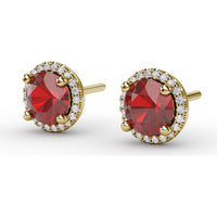 Halo Stud Earrings with Round Rubies and Pavé Diamonds by Fana - 2.53 Carat Total Gemstone Weight