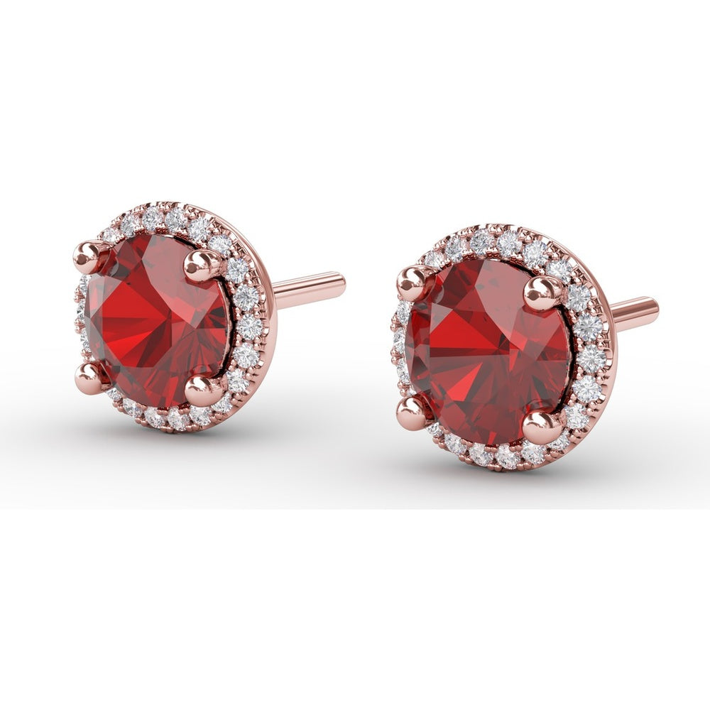Halo Stud Earrings with Round Rubies and Pavé Diamonds by Fana - 2.53 Carat Total Gemstone Weight