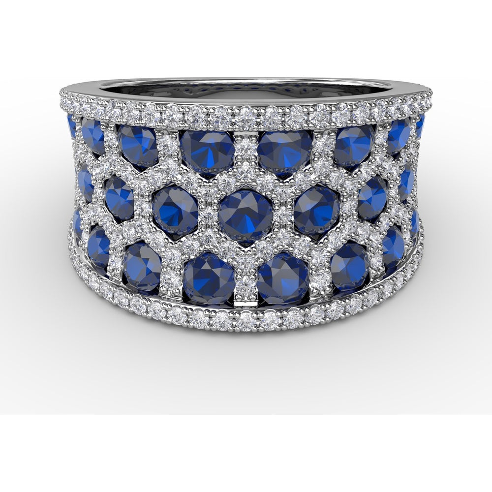 Hexagon Motif Ring with Round Sapphires and Pavé Diamonds by Fana - 3.44 Carat Total Gemstone Weight