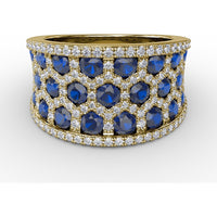 Hexagon Motif Ring with Round Sapphires and Pavé Diamonds by Fana - 3.44 Carat Total Gemstone Weight