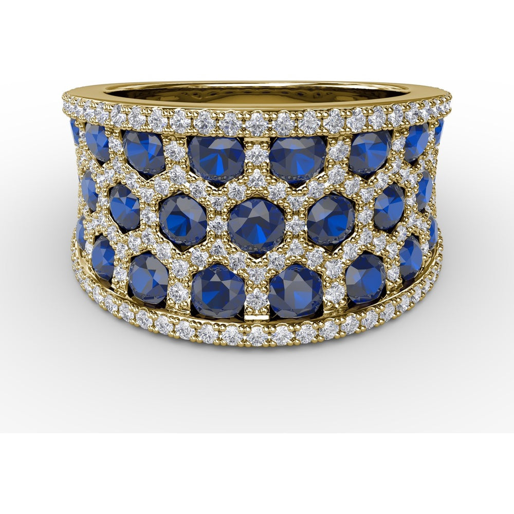 Hexagon Motif Ring with Round Sapphires and Pavé Diamonds by Fana - 3.44 Carat Total Gemstone Weight