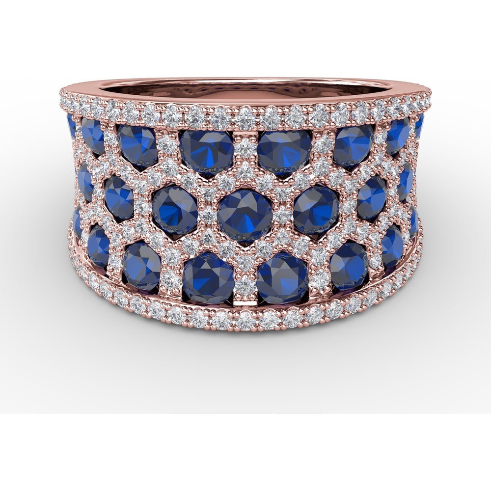Hexagon Motif Ring with Round Sapphires and Pavé Diamonds by Fana - 3.44 Carat Total Gemstone Weight