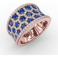 Hexagon Motif Ring with Round Sapphires and Pavé Diamonds by Fana - 3.44 Carat Total Gemstone Weight