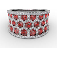 Hexagon Motif Ruby and Diamond Wide Band Ring with Pavé Setting and Milgrain Details by Fana - 3.44 Carat Total Gemstone Weight