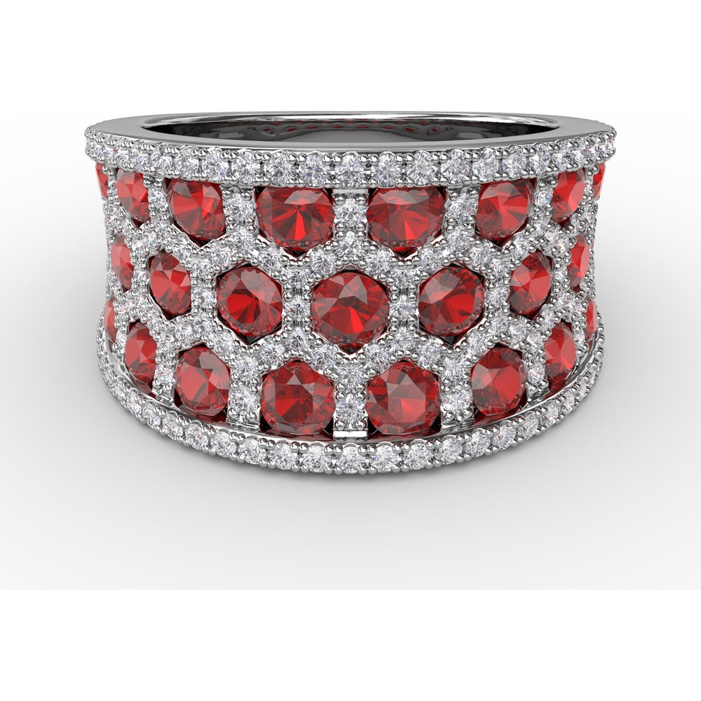 Hexagon Motif Ruby and Diamond Wide Band Ring with Pavé Setting and Milgrain Details by Fana - 3.44 Carat Total Gemstone Weight