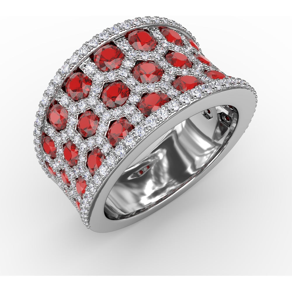 Hexagon Motif Ruby and Diamond Wide Band Ring with Pavé Setting and Milgrain Details by Fana - 3.44 Carat Total Gemstone Weight