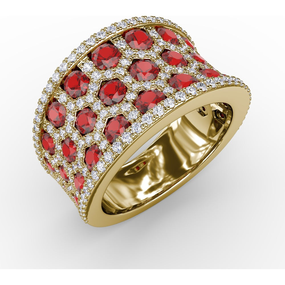 Hexagon Motif Ruby and Diamond Wide Band Ring with Pavé Setting and Milgrain Details by Fana - 3.44 Carat Total Gemstone Weight