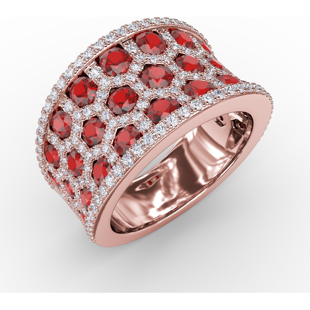 Hexagon Motif Ruby and Diamond Wide Band Ring with Pavé Setting and Milgrain Details by Fana - 3.44 Carat Total Gemstone Weight