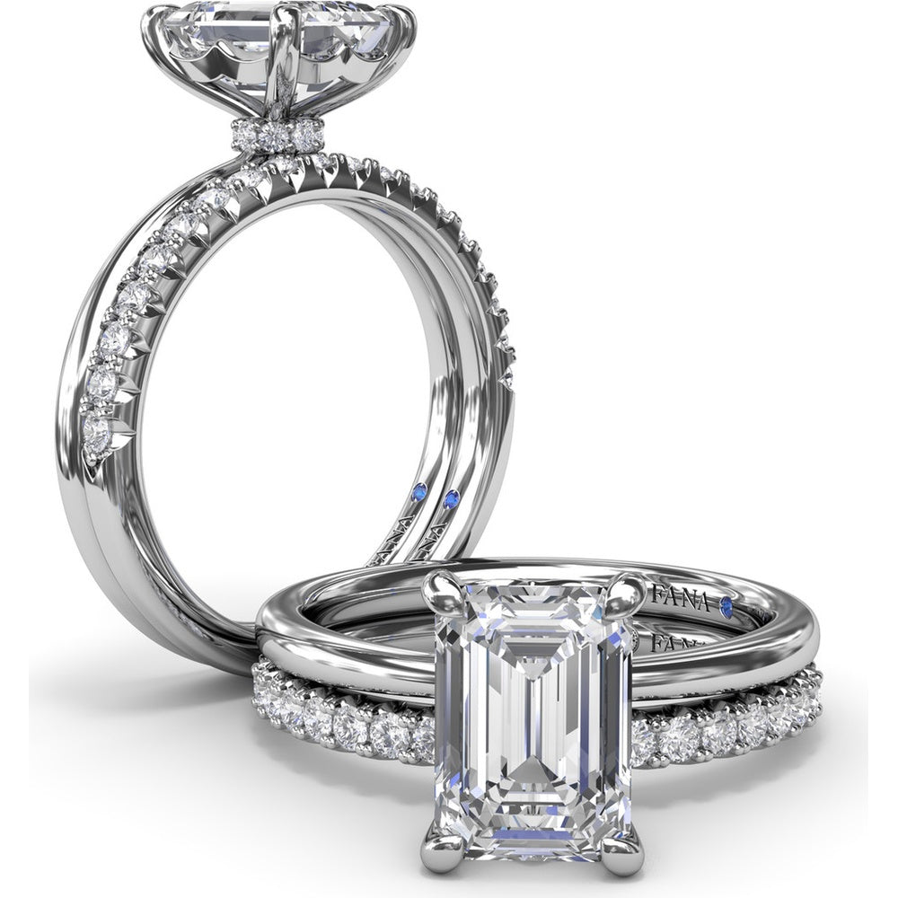 Hidden Halo Emerald Cut Engagement Ring Setting with Tapered Band by Fana