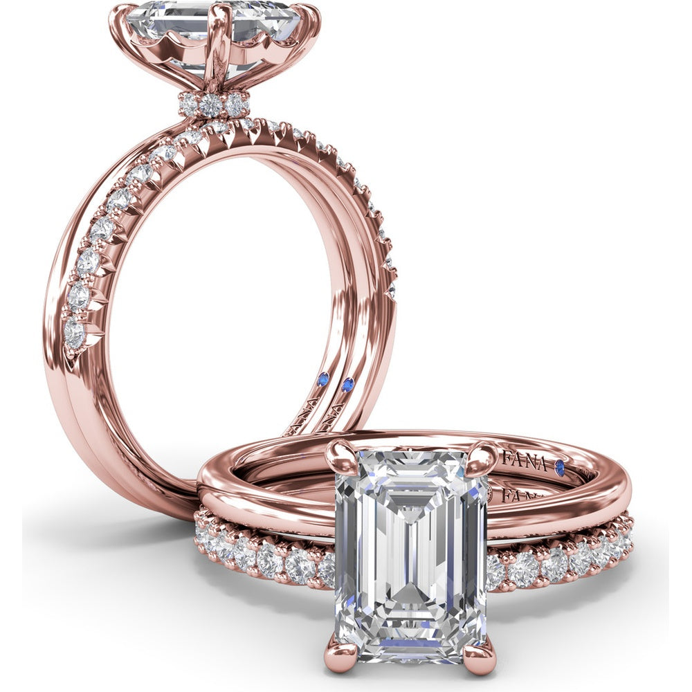 Hidden Halo Emerald Cut Engagement Ring Setting with Tapered Band by Fana