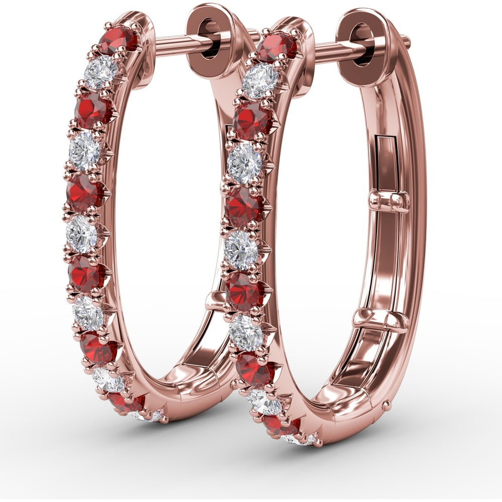 Hoop Earrings with Alternating Round Rubies and Diamonds by Fana - 0.70 Carat Total Gemstone Weight