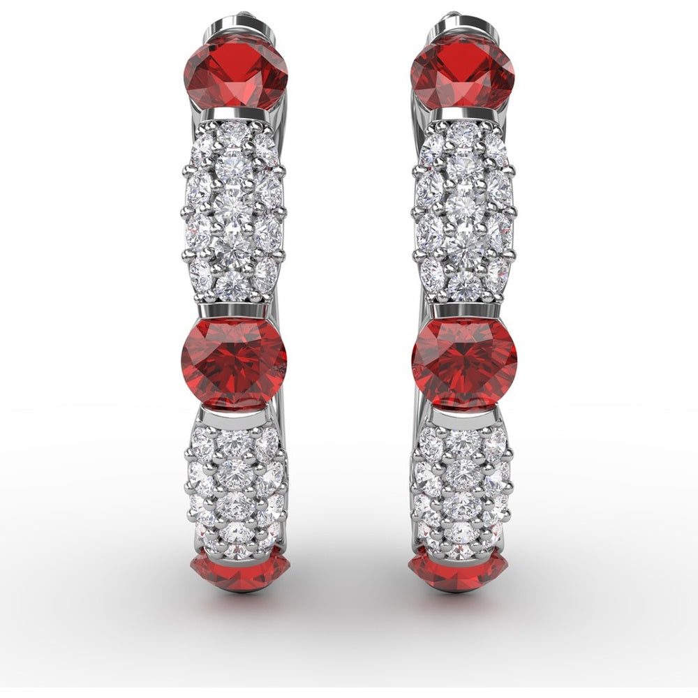 Hoop Earrings with Alternating Round Rubies and Pavé Diamonds by Fana - 1.95 Carat Total Gemstone Weight