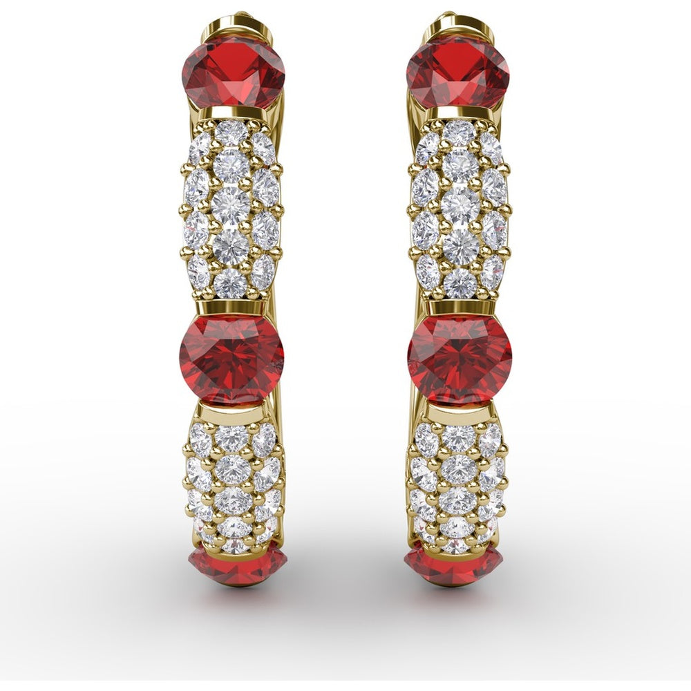 Hoop Earrings with Alternating Round Rubies and Pavé Diamonds by Fana - 1.95 Carat Total Gemstone Weight