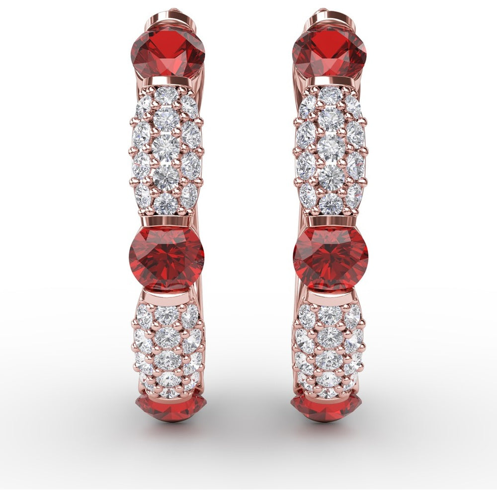 Hoop Earrings with Alternating Round Rubies and Pavé Diamonds by Fana - 1.95 Carat Total Gemstone Weight