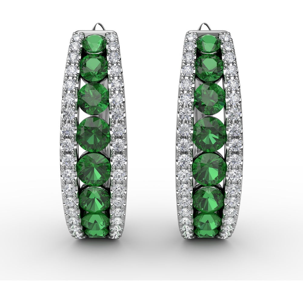 Hoop Earrings with Channel Set Round Emeralds and Diamond Pavé Edges by Fana - 1.85 Carat Total Gemstone Weight