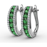 Hoop Earrings with Channel Set Round Emeralds and Diamond Pavé Edges by Fana - 1.85 Carat Total Gemstone Weight