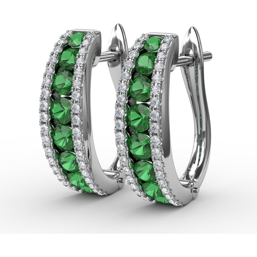 Hoop Earrings with Channel Set Round Emeralds and Diamond Pavé Edges by Fana - 1.85 Carat Total Gemstone Weight