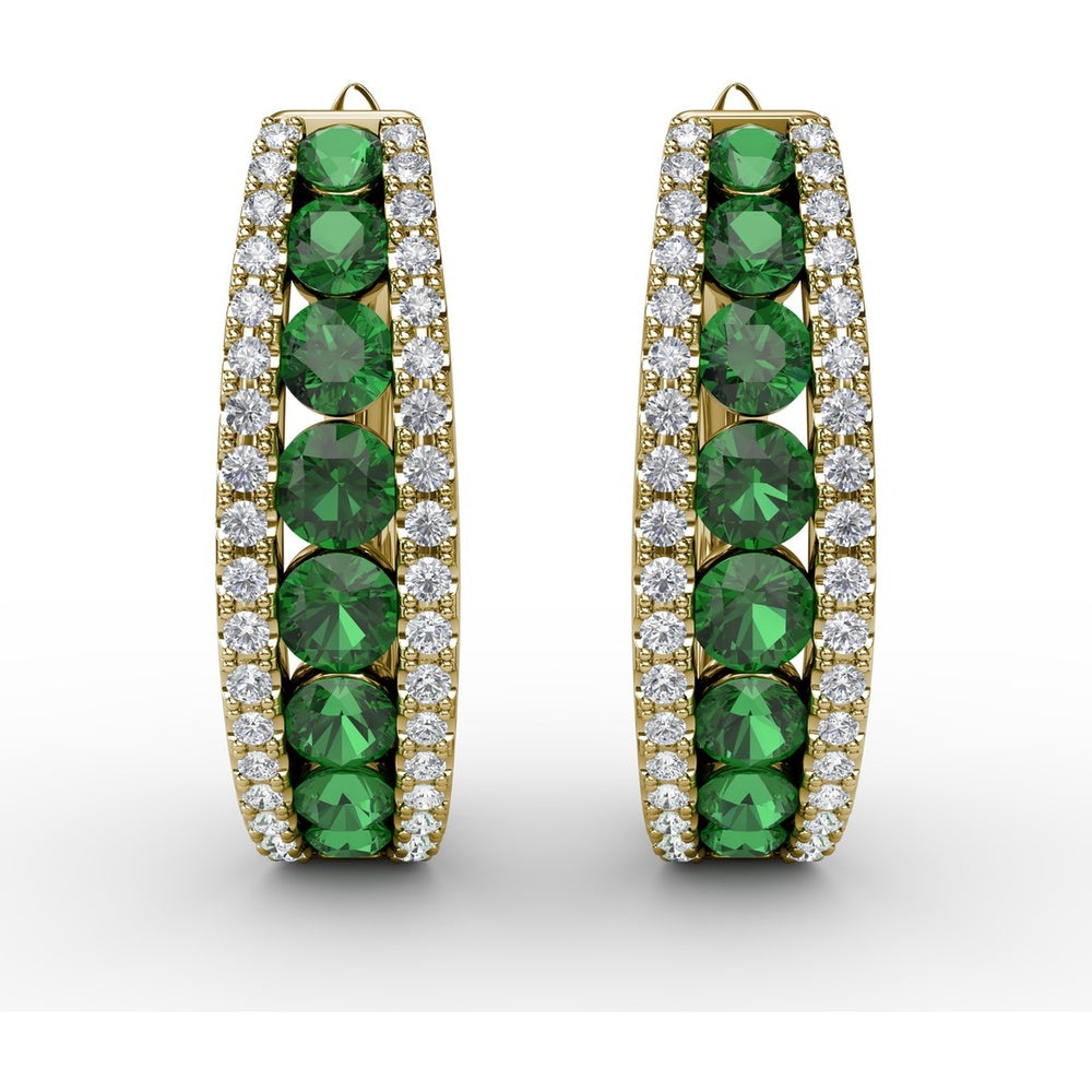 Hoop Earrings with Channel Set Round Emeralds and Diamond Pavé Edges by Fana - 1.85 Carat Total Gemstone Weight