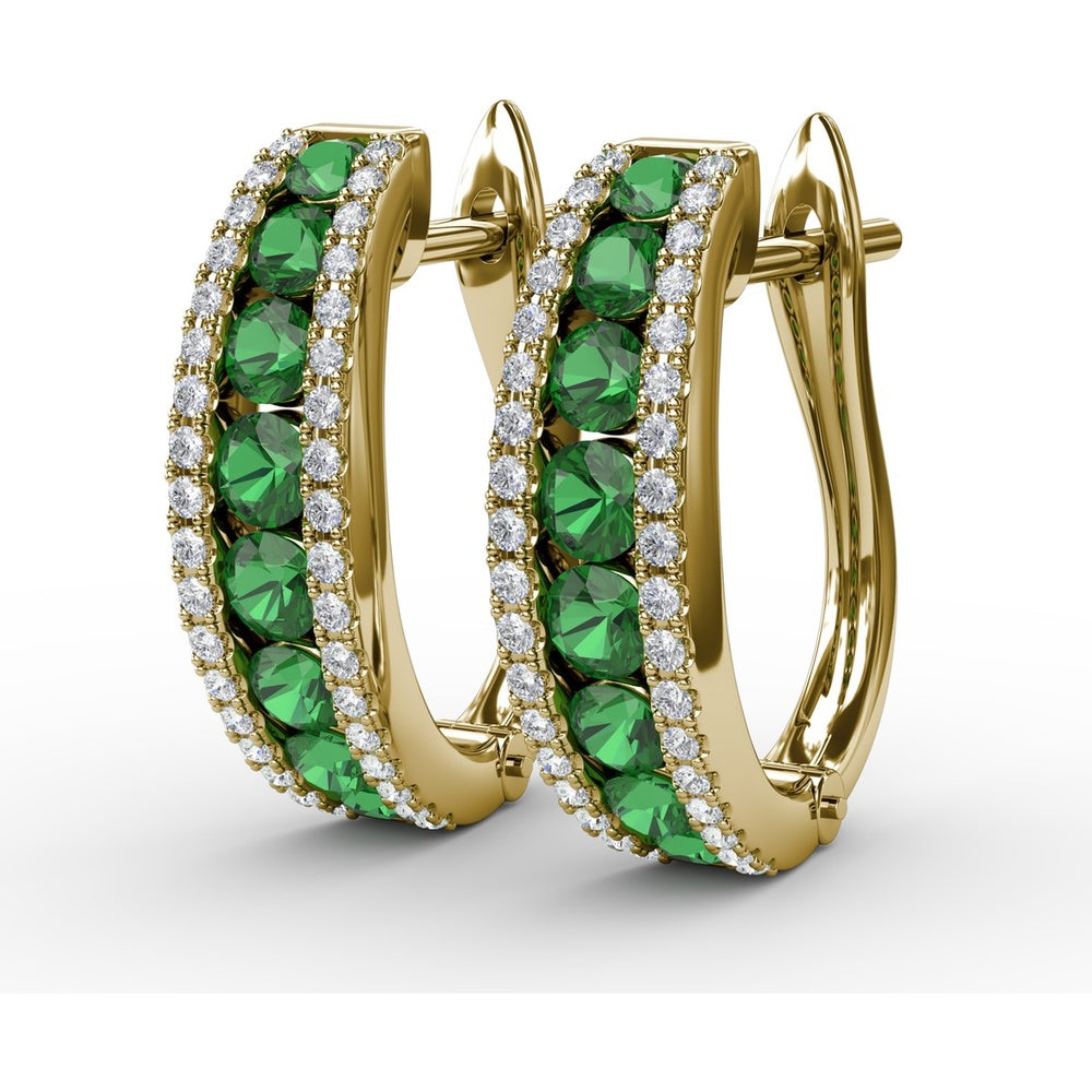 Hoop Earrings with Channel Set Round Emeralds and Diamond Pavé Edges by Fana - 1.85 Carat Total Gemstone Weight