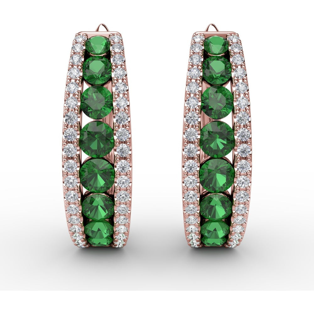 Hoop Earrings with Channel Set Round Emeralds and Diamond Pavé Edges by Fana - 1.85 Carat Total Gemstone Weight