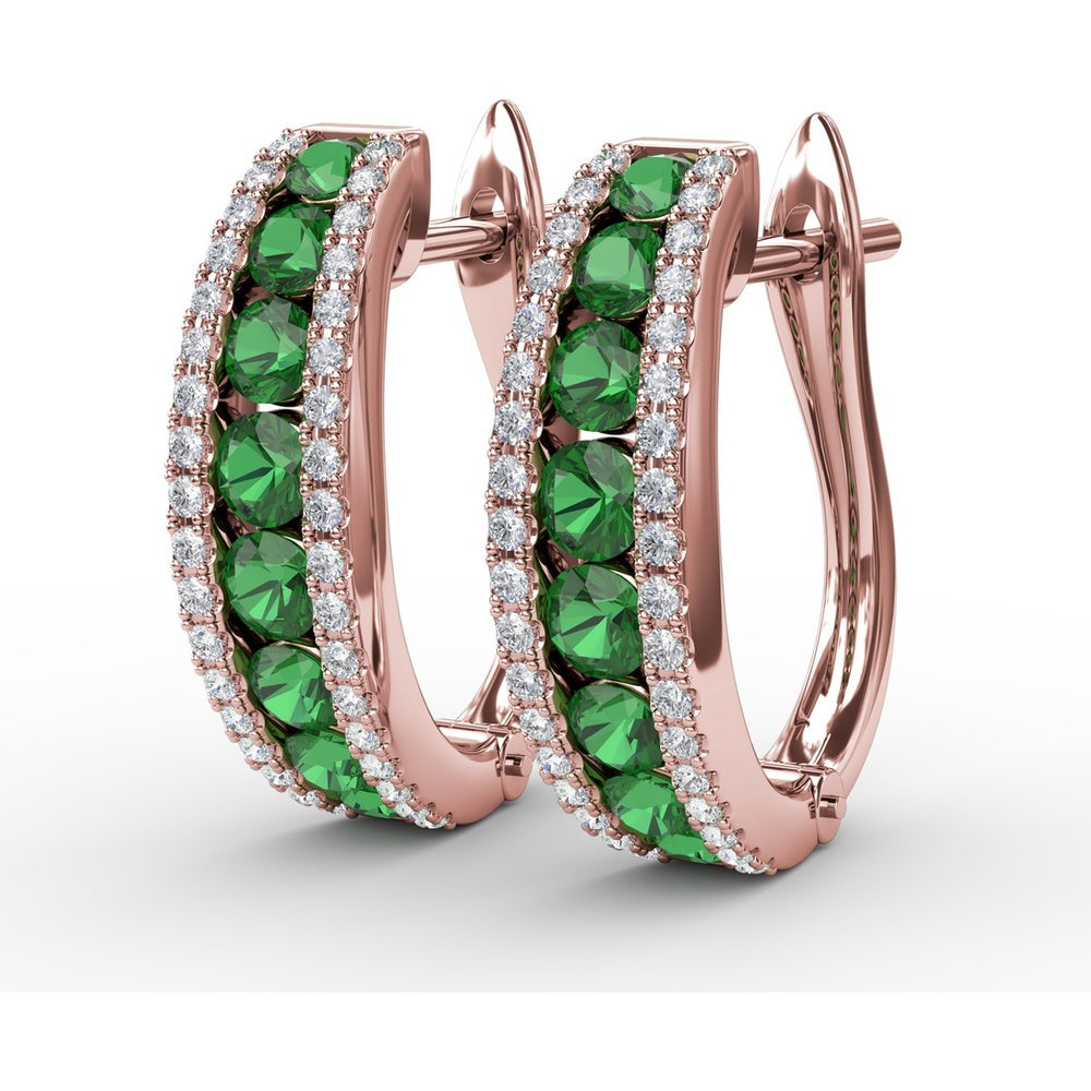 Hoop Earrings with Channel Set Round Emeralds and Diamond Pavé Edges by Fana - 1.85 Carat Total Gemstone Weight