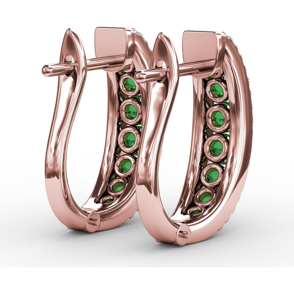 Hoop Earrings with Channel Set Round Emeralds and Diamond Pavé Edges by Fana - 1.85 Carat Total Gemstone Weight