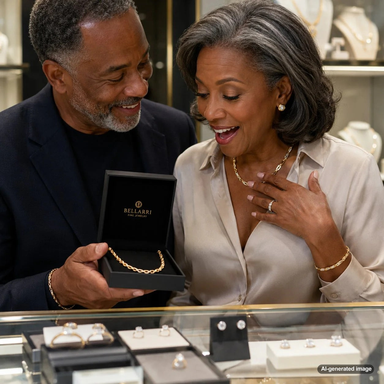 A woman gracefully layering a gold chain necklace with multiple fine jewelry pieces, including a diamond station necklace and a gemstone pendant for a chic look.