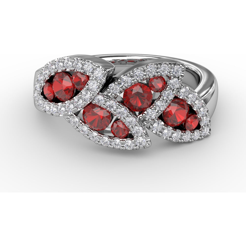 Interlocking Leaf Ring with Round Rubies and Pavé Diamonds by Fana - 1.14 Carat Total Gemstone Weight