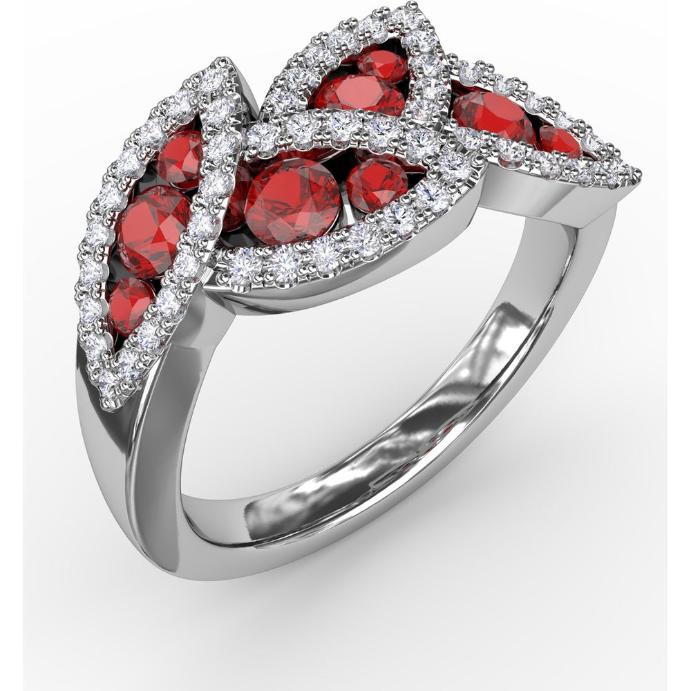 Interlocking Leaf Ring with Round Rubies and Pavé Diamonds by Fana - 1.14 Carat Total Gemstone Weight