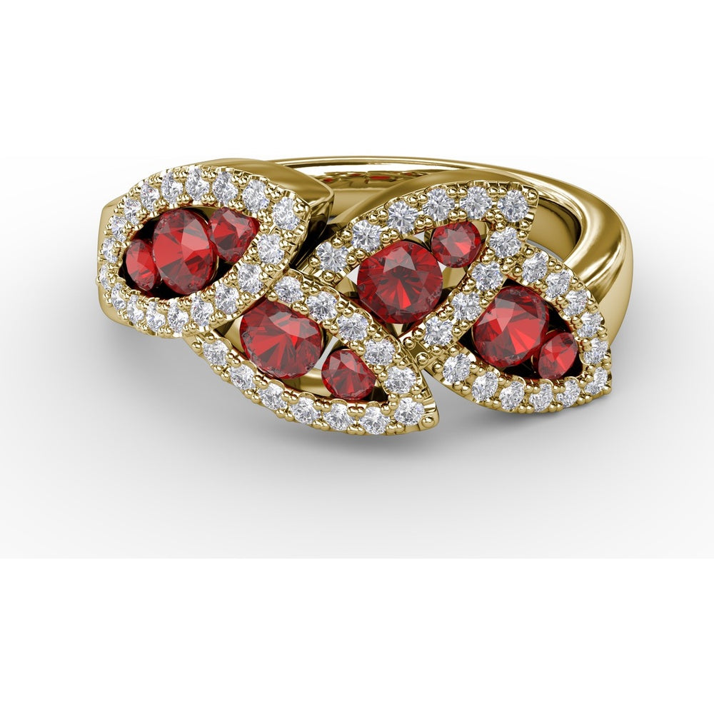 Interlocking Leaf Ring with Round Rubies and Pavé Diamonds by Fana - 1.14 Carat Total Gemstone Weight