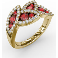 Interlocking Leaf Ring with Round Rubies and Pavé Diamonds by Fana - 1.14 Carat Total Gemstone Weight