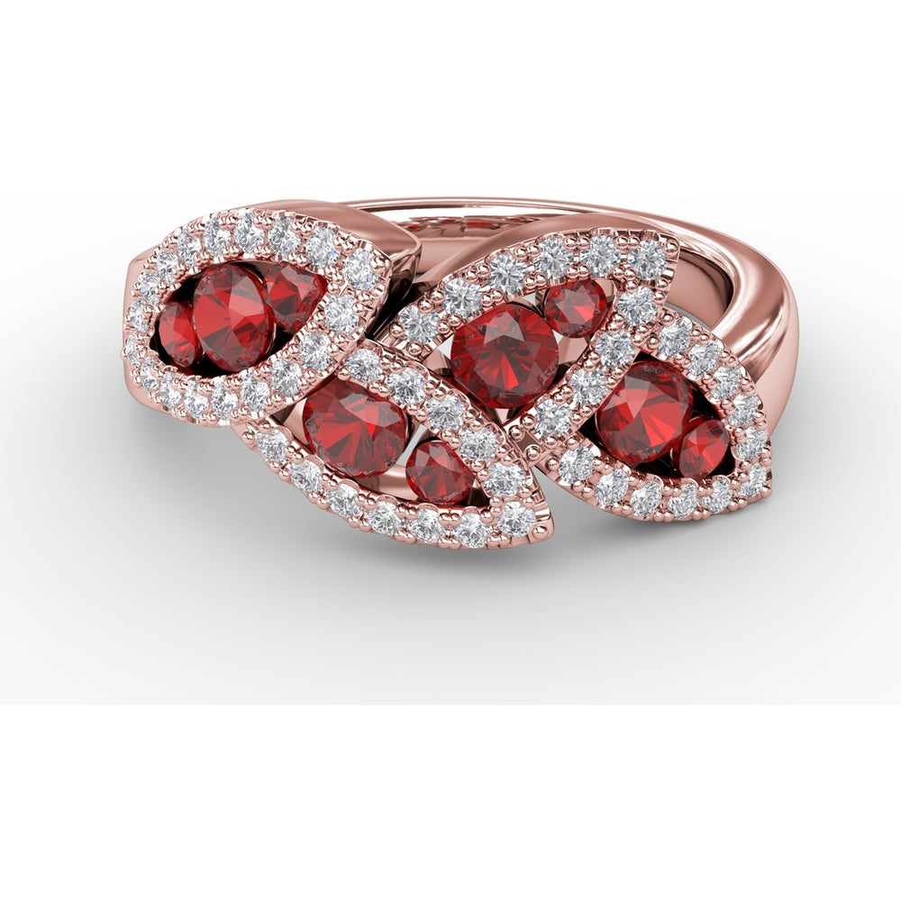 Interlocking Leaf Ring with Round Rubies and Pavé Diamonds by Fana - 1.14 Carat Total Gemstone Weight