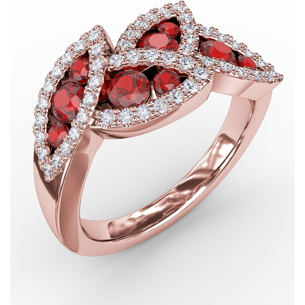 Interlocking Leaf Ring with Round Rubies and Pavé Diamonds by Fana - 1.14 Carat Total Gemstone Weight