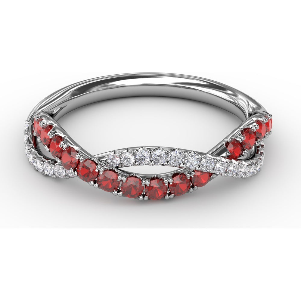 Intertwined Openwork Ring with Round Rubies and Pavé Diamonds by Fana - 0.63 Carat Total Gemstone Weight