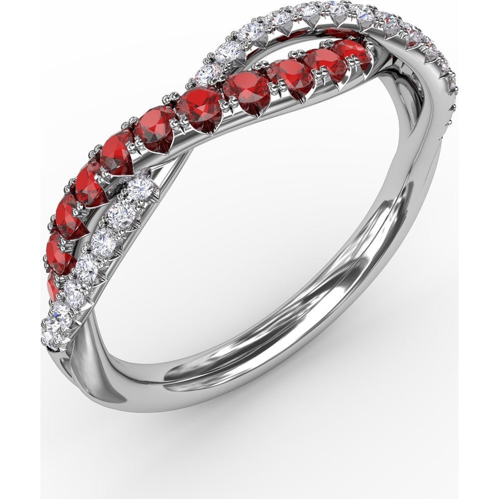 Intertwined Openwork Ring with Round Rubies and Pavé Diamonds by Fana - 0.63 Carat Total Gemstone Weight