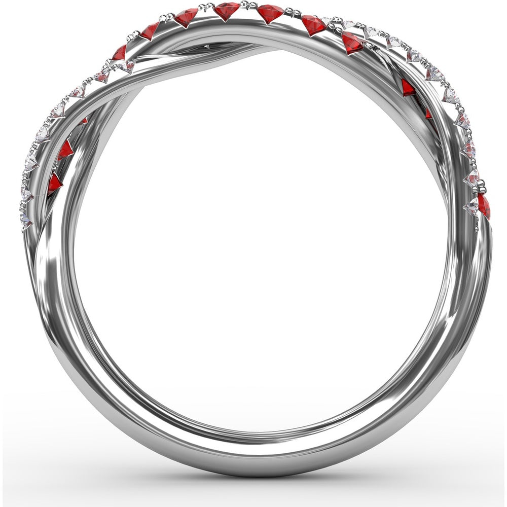 Intertwined Openwork Ring with Round Rubies and Pavé Diamonds by Fana - 0.63 Carat Total Gemstone Weight