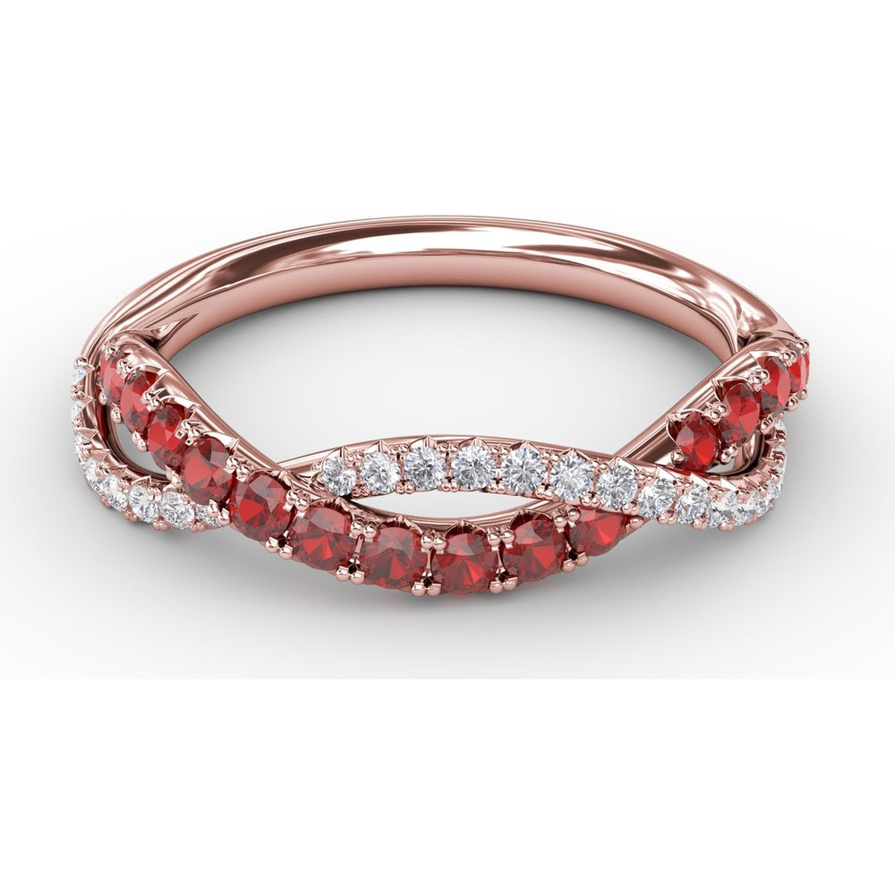 Intertwined Openwork Ring with Round Rubies and Pavé Diamonds by Fana - 0.63 Carat Total Gemstone Weight