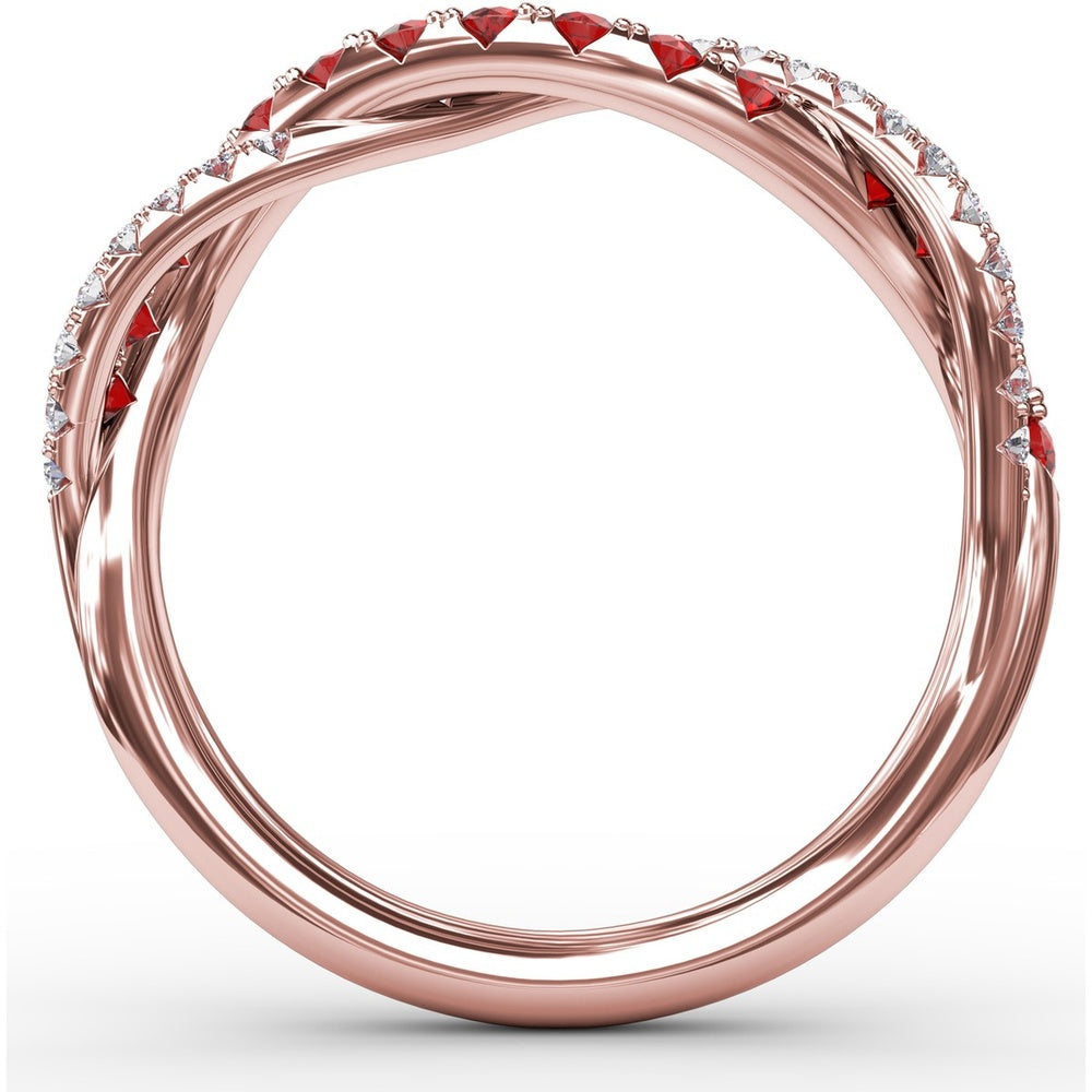 Intertwined Openwork Ring with Round Rubies and Pavé Diamonds by Fana - 0.63 Carat Total Gemstone Weight